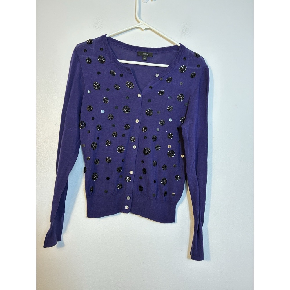 J Crew Embellished Cardigan Sz M Purple 100% Cotton Preppy‎ Knit